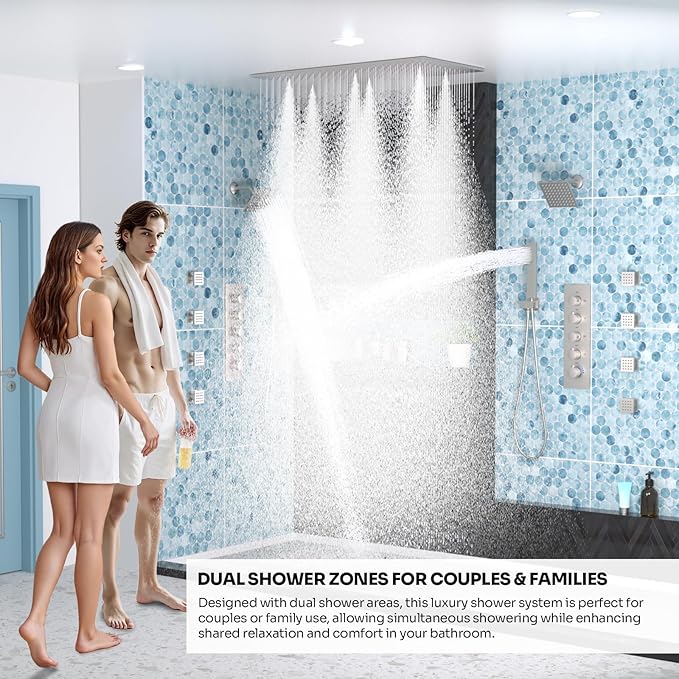 HOMEDEC Couples Luxury Shower System, 16x32" Rain and 6" Side Shower Heads, 4-Way Diverter Valves Multi-Function Shower Faucet Set, Brushed Nickel