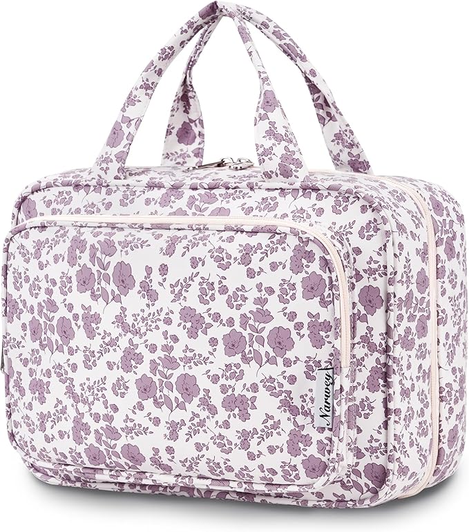 Narwey Travel Toiletry Bag for Women Large Hanging Makeup Bag Organizer Toiletries Bag for Full Size Essentials Accessories Cosmetics (Little Dusty Pink Flower (Large))
