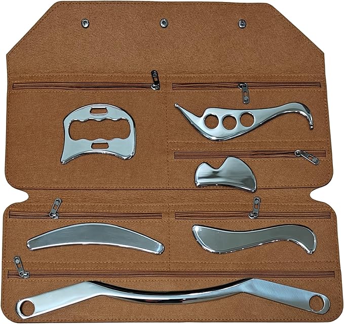 6 in 1Stainless Steel Gua Sha Scraping Massage Tool Set- IASTM Tool Set Great Soft Tissue Mobilization Tool- for Back, Neck, Arm, Leg, Shoulder and Whole Body Acupoints(Carry Bag)