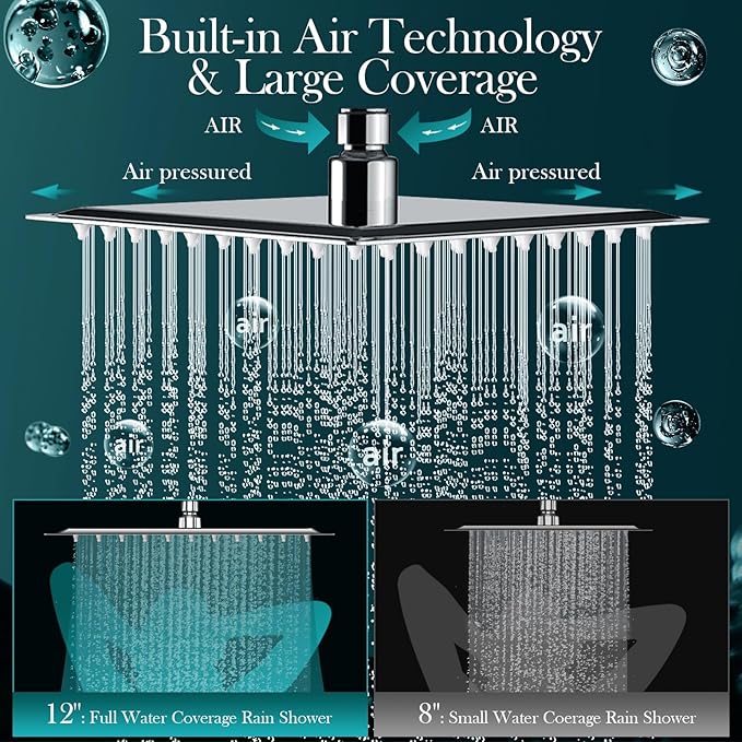 12'' Rain Shower Head Combo, High Pressure Rainfall Shower Head with 16'' Flexible Adjustment of Height/Angle Upgraded Extension Arm and 5 Setting Spray Handheld Shower Head, Anti-leak (Chrome)