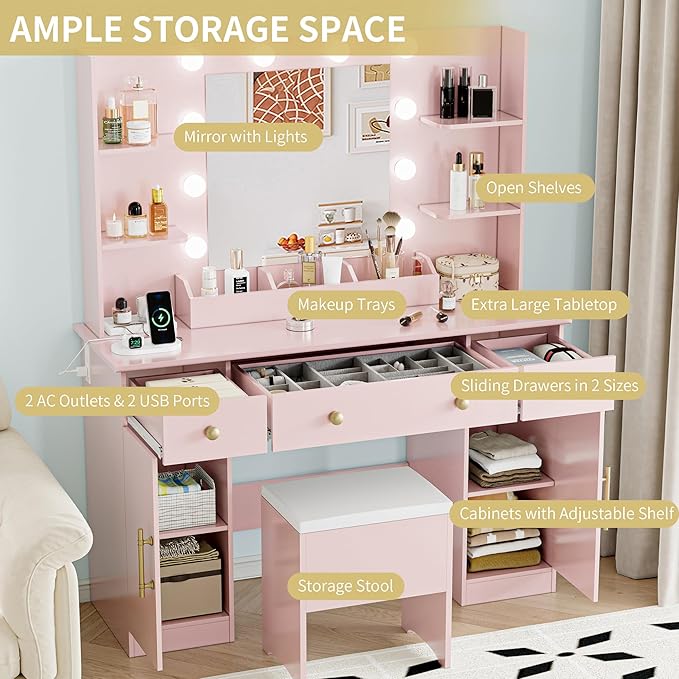 Vanity Desk with Mirror and Lights, 43'' Pink Makeup Dressing Table Set with 5 Drawers & Chair, Power Outlet, 3 Lighting Modes Adjustable Brightness & RGB LED for Women Girls Bedroom Bathroom