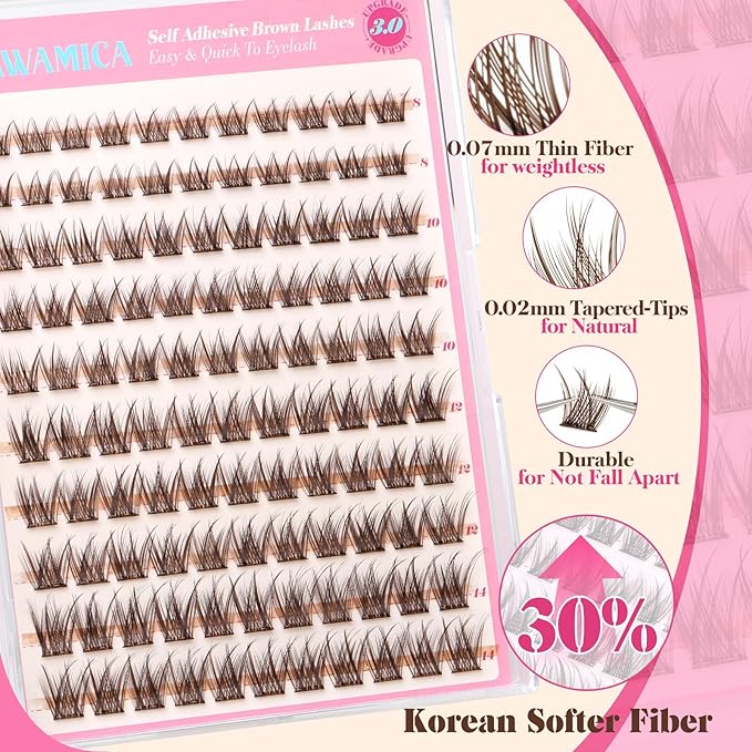 Yawamica Self Adhesive Eyelashes Brown Lash Clusters No Glue Needed Press on Lashes Reusable Pre-glued Eyelash Clusters 8-14mm Wispy Individual Lashes C Curl Cluster Lashes DIY Brown Lash Extension