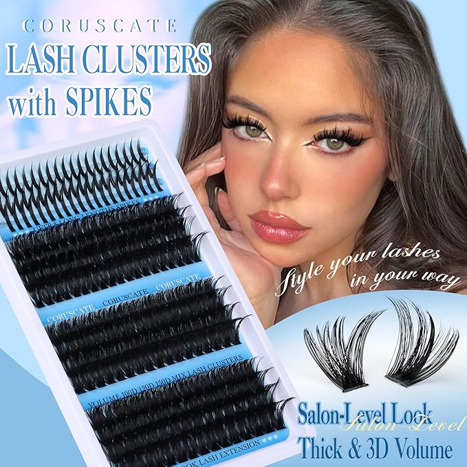 CORUSCATE Lash Clusters with Spikes 100D120D150D Eyelash Clusters Volume Cluster Eyelash Extensions Thick Mega Style Lash Extension DIY Individual Lashes Strip Mink Spiky Cluster Lashes