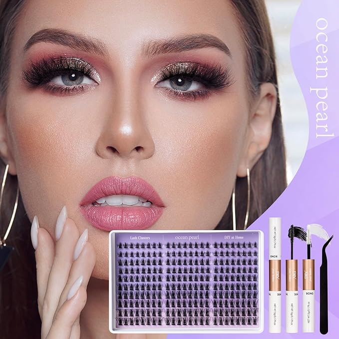 Ocean Pearl Lash Clusters Kit 300pcs,Eyelashes,spike-effect cluster lashes,10-18mm manga/anime-inspired lashes clusters,eyelash clusters,DIY Cluster Eyelash Extensions with lash bond+seal+tweezers-M33