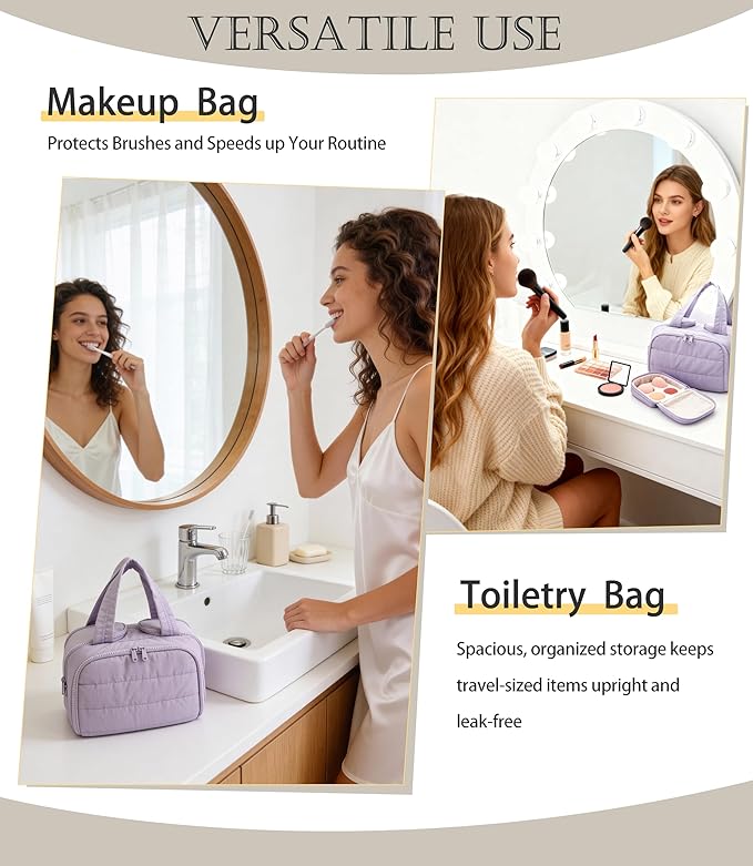 BUZFOWU Travel Toiletry Bag for Women, Large Wide-open Puffy Cosmetic Makeup Bag with Wet-Dry Separation, Multi-Pocket Organizer with Carry Handle for Toiletries, Cosmetics, Essentials, Light Purple