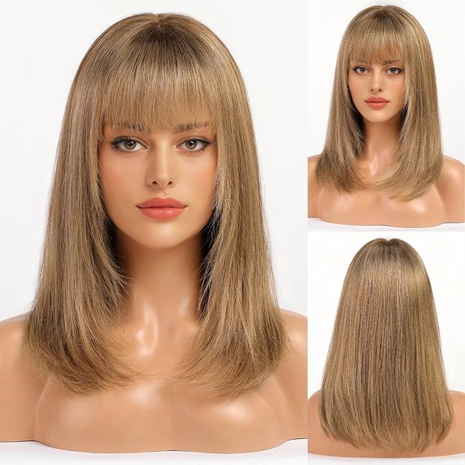 KKU 16 Inch Brown and Gold Ombre Human Hair Wigs for Women,Layered Straight Hair Wig with Bangs,Wear Natural Realism
