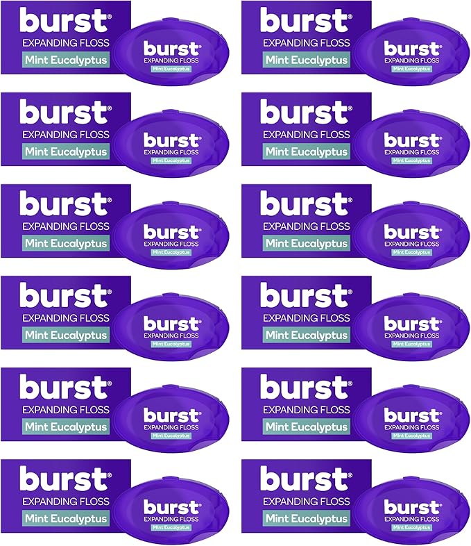 BURST Travel Expanding Dental Floss (12 Pack, 5.5 Yards Each) | Mini Mint Eucalyptus Tooth Floss for On-The-Go | Stain Absorbing, Xylitol-Coated, Vegan | Paraben Free Expanding Floss