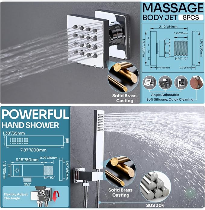 HOMEDEC Dual Shower Faucet Set for Couples, LED 14x20" & 6" Side Shower Heads, 4-Way Diverter Valves, Shower System with Body Jets & Handheld, Chrome