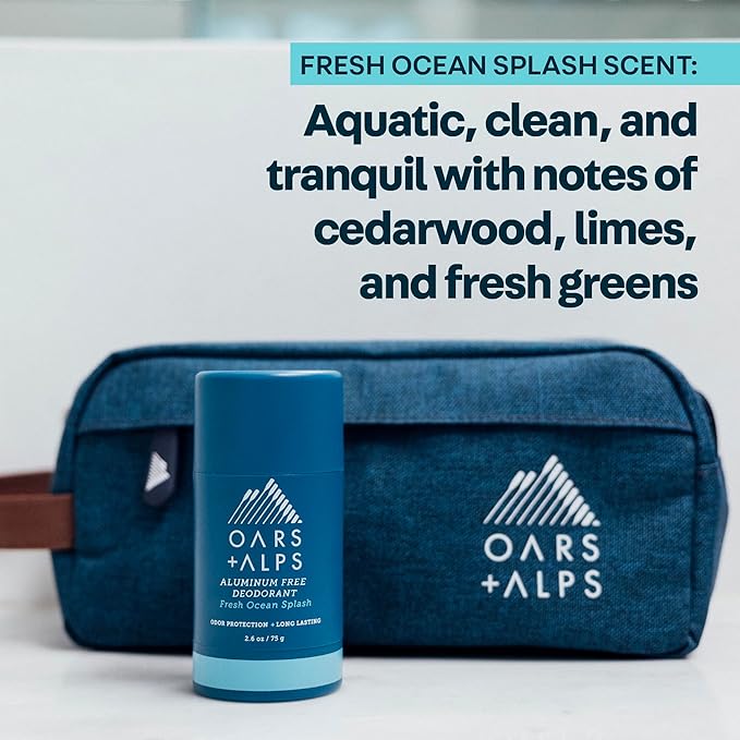 Oars + Alps Deodorant for Men & Women, Aluminum Free Deodorant for Men, Dermatologist Tested, Clean Ingredients, Non Toxic, Vegan, Long Lasting, Odor Protection, Fresh Ocean Splash, 2pk, 2.6oz