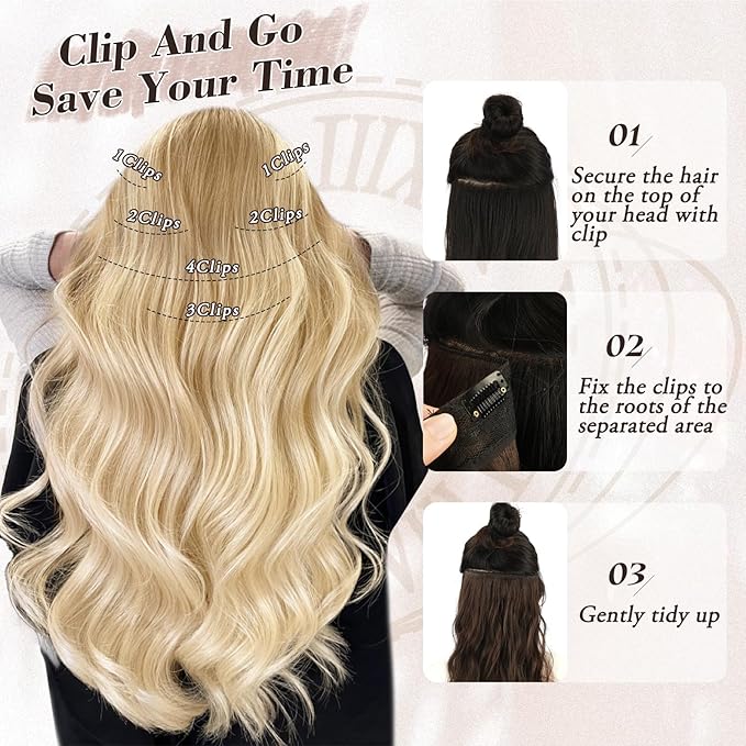 BARSDAR Light Ash Blonde Beach Wave Clip in Hair Extensions – Long Wavy Blonde Clip in Hair Extensions for Women - 20 Inch 6 PCS Thick Soft Synthetic Voluminous Full Head Easy Wear Hairpieces
