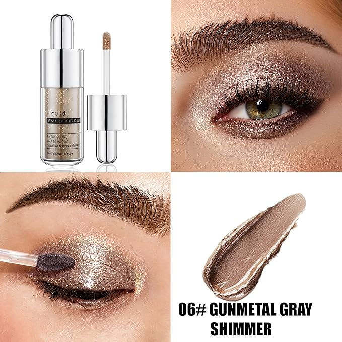 Gunmetal Gray Shimmer Liquid Eyeshadow, Longwear Waterproof Eye Shadow Cream, Buildable Highly Pigmented Blendable Eye Makeup,Vegan Cruelty-Free Paraben-Free for Older Women Stage makeup 06#