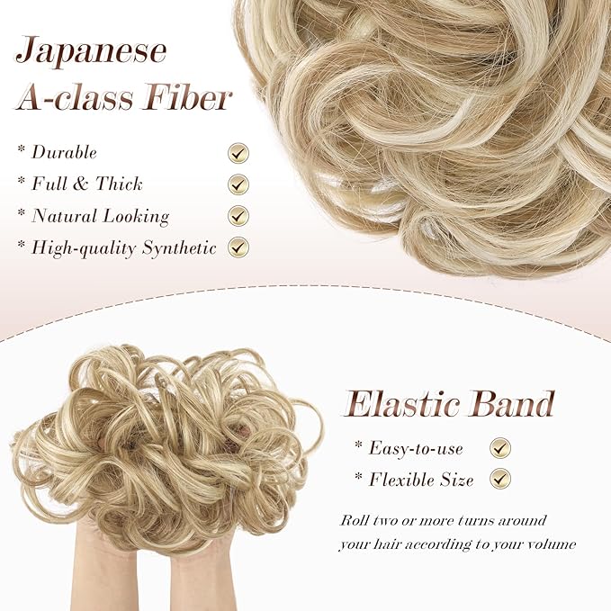 FESHFEN Messy Bun Hair Piece - Wavy Synthetic Chignon Scrunchies for Instant Volume, Elastic Bun Ponytail Hair Extensions Thick Hairpieces for Women, Dirty Blonde 1.50 oz