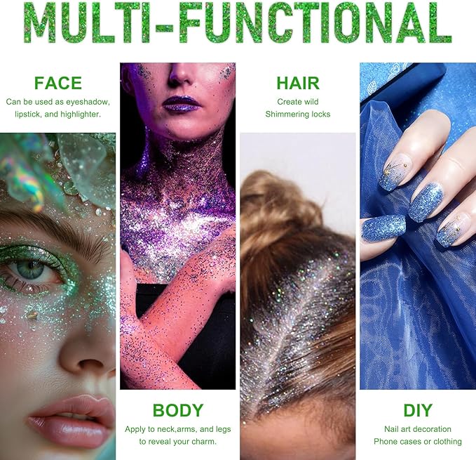 Roll-on Holographic Body Glitter Gel for Face and Hair, Chameleon Color Changing Glitter Gel Under Light, Chunky Mermaid Sequins Festival Party Rave Accessories (Green)