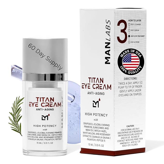 Man Labs Titan Anti-Aging Mens Eye Cream – Mens Dark Circles Under Eyes Treatment – Eye Bags Treatment for Men – Puffy Eyes Treatments for Men – Peptides, HA, Herbal Extracts –All Skin Types–Unscented