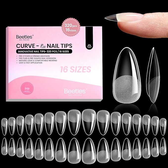 Beetles Gel Nail Tips Curve-EX - Almond Medium, 320pcs 16 Sizes, Etch-X Half Matte Full Cover Soft Acrylic False Press on Nail Tips Easy DIY Nail Extension Art Salon for Curved & Natural Nail Beds