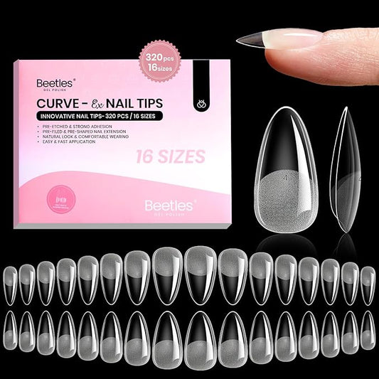 Beetles Gel Nail Tips Curve-EX - Almond Medium, 320pcs 16 Sizes, Etch-X Half Matte Full Cover Soft Acrylic False Press on Nail Tips Easy DIY Nail Extension Art Salon for Curved & Natural Nail Beds