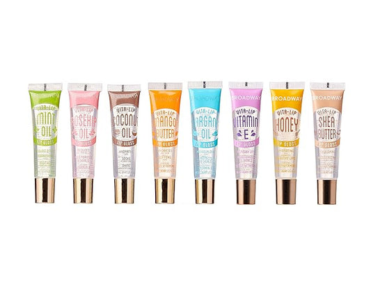 Ruby Kisses Broadway Vita-Lip Clear Lip Gloss (8 Pack), Ultra-Hydrating & Soothing Formula with Vitamins, High-Shine Non-Sticky Finish Lip Balm with Mint, Rosehip, Coconut, Mango, Argan, Honey, Shea