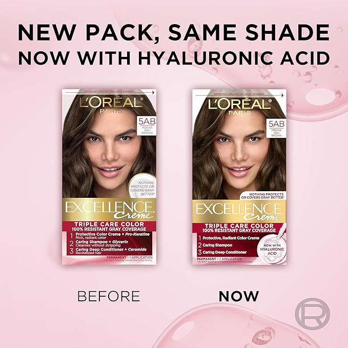 L'Oreal Paris Excellence Crème Permanent Hair Dye, Triple Care Hair Color with Hyaluronic Acid for 100% Gray Coverage, 5AB Mocha Ash Brown, 1 Kit (Packaging May Vary)