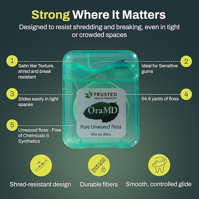 OraMD Oral Care Pure Unwaxed Dental Floss 54.6 Yards - PFAS-Free, Chemical Free, Shred Resistant - Unscented and Ultraclean Plaque Removal - Teeth and Gum Protection for Adults - Pack of 6