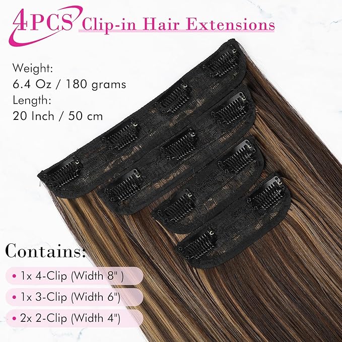 REECHO 20" Straight Long 4 PCS Set Thick Clip in on Hair Extensions Chocolate Brown with Golden Highlights