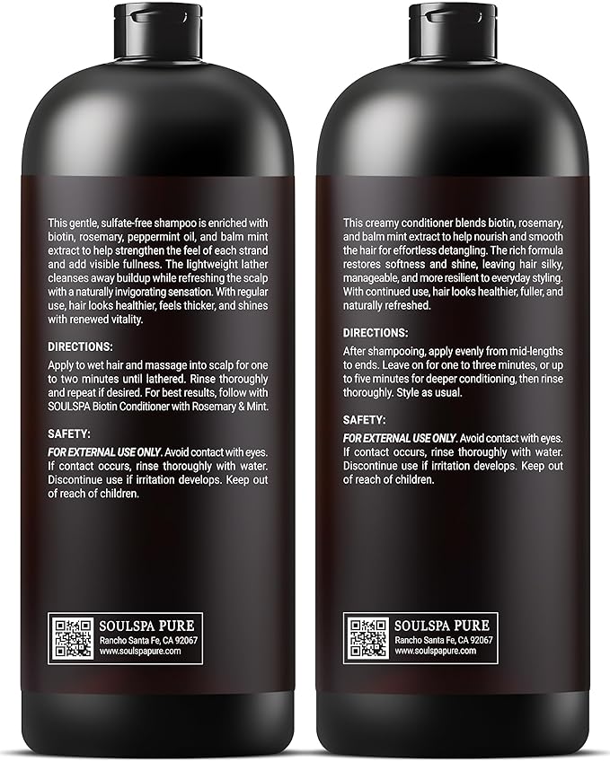 SOULSPA PURE Biotin Shampoo and Conditioner Set for Men & Women | 16 fl oz Each | with Rosemary & Mint | Sulfate Free Hydrating & Strengthening Hair Care for Thinning, Color-Treated & Dry Hair