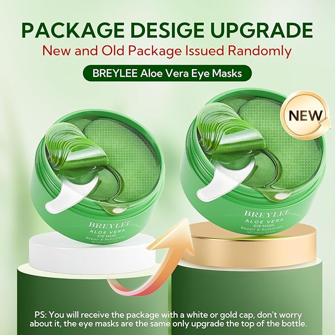BREYLEE Aloe Vera Eye Masks - 60 Pcs - Reduce Puffy Eyes & Dark Circles, Firm & Improve Under Eye Skin, Pure Natural Extracts for Youthful Appearance & Reduction of Fine Lines and Wrinkles.