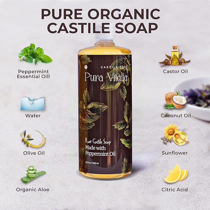 Pura Vitalia Peppermint Organic Castile Soap | Body Wash & Cleanser for Face & Hands | Biodegradable, Eco-Friendly, Palm Oil Free, Vegan & Gentle | Made with 6 Natural Ingredients - 32 oz