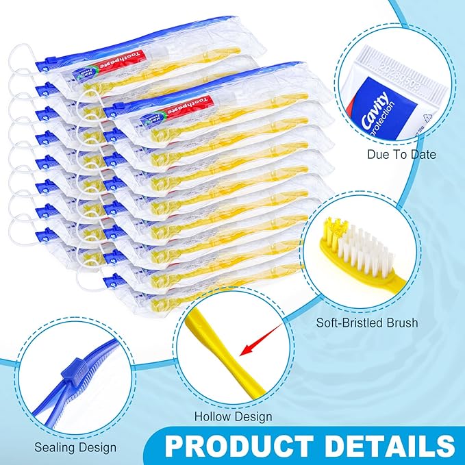 100 pcs Disposable Toothbrushes with Toothpaste and Floss Set,Yellow Individually Wrapped Bulk Single Use Toothbrush Floss Cover Travel Toothbrushes Kit with Zip Bag for Homeless,Hotel,Guest