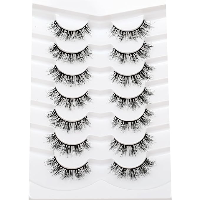 Pooplunch False Eyelash Nude Makeup Round-Eye Wispy Clusters Look Short Natural Spiky Anime Extension Lashes Full Strips Faux Mink Fake Eyelashes 7 Pairs Pack