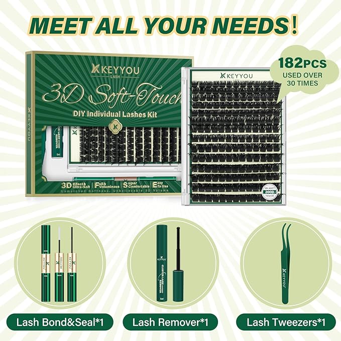 KEYYOU lash Clusters Kit 3D Effect Eyelash Clusters Kit 182pcs 200D 9-18MIX D Curl Individual Lashes Kit Wispy Lashes Volume Cluster Lashes Kit Soft DIY Lash Extension Kit (3D Kit-200D-D-9-18MIX)