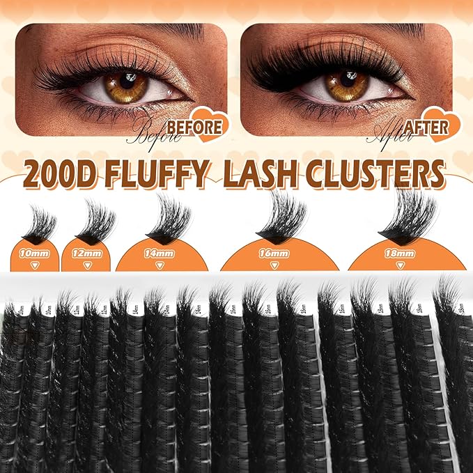 Lash Clusters, Thick 200D Volume Eyelash Clusters 10-18mm, Soft Lightweight Reusable D Curl Individual Lashes, DIY Lash Extensions for Beginners (200D 10-18mm)