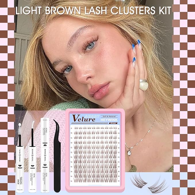 Brown Lash Clusters Kit Velure Lash Extensions Kit Natural Eyelash Clusters Short Lash Cluster 8-14mm Lash Clusters Natural with Invisible Band Individual Lash(Velure-Light Brown)