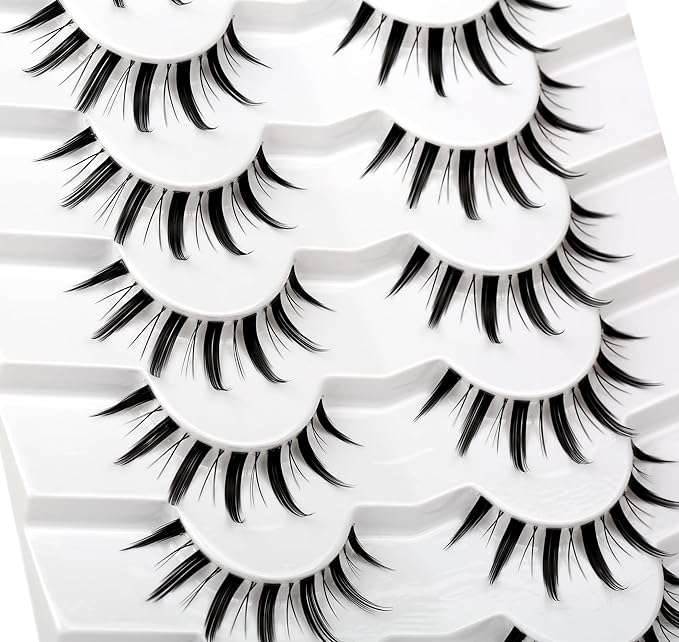 Pooplunch Manga False Eyelashes Spiky Natural Anime Lashes Doll Eye 8D Wispy Volume Sexy Faux Mink Fake Eyelash Strips 7 Pairs Multipack