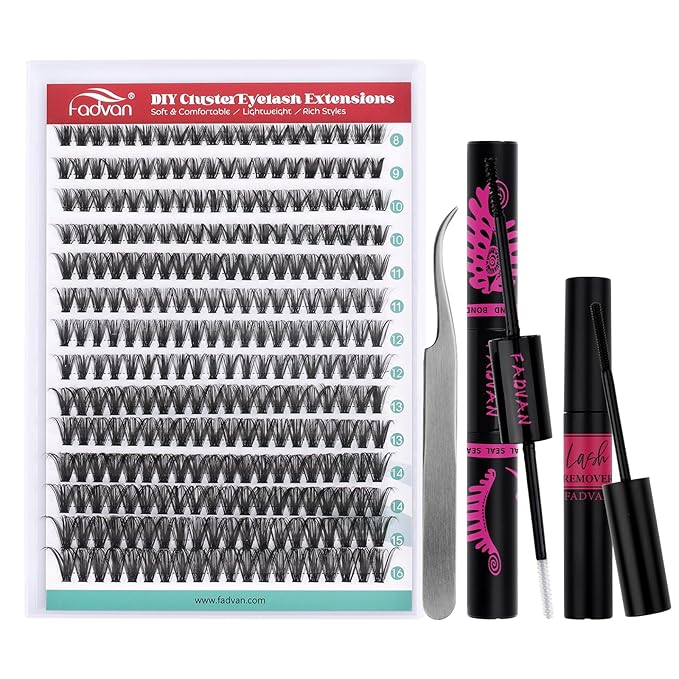 FADVAN Eyelash Extension Kit 280pcs Lash Clusters D Curly 8-16mm Mix 50D Individual Lashes with Lash Bond and Seal and Remover Lash Applicator for DIY Lash Extension Beginners(50D, 0.07D, 8-16mm)