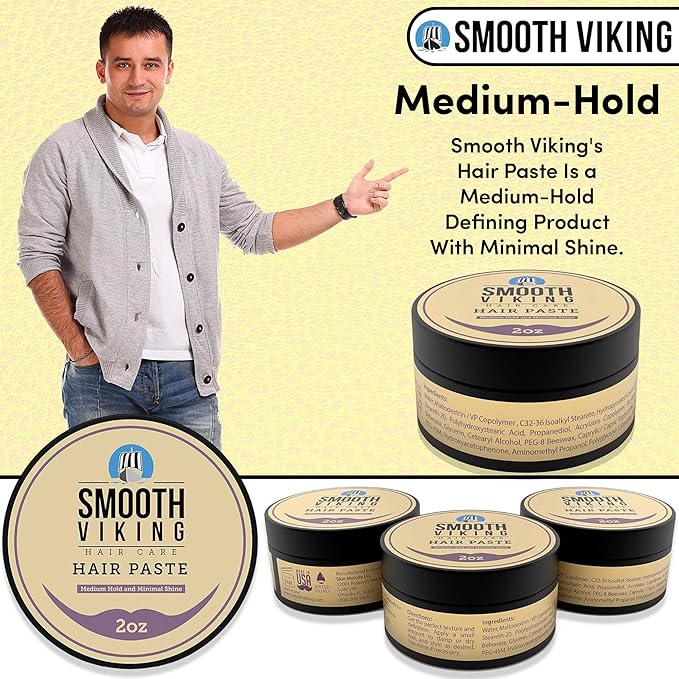 Smooth Viking Hair Paste for Men - Hair Styling Cream with Minimal Shine & Medium Hold Hair Products for Men, Hair Cream for Men, Styling Paste for Textured Messy Hairstyle - Made in USA, 2oz