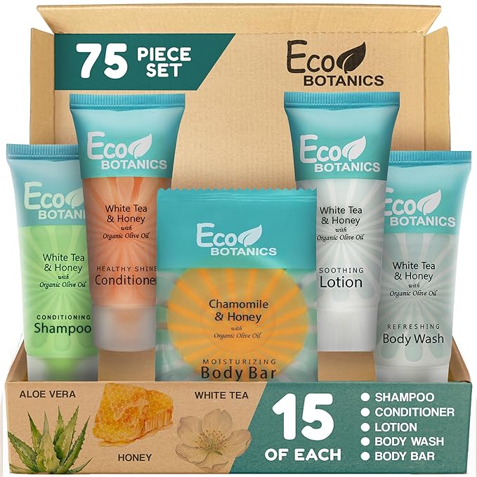 Terra Pure Eco Botanics Hotel Soaps and Toiletries Bulk Set | 1-Shoppe All-In-Kit Amenities |0.85oz Shampoo & Conditioner, Body Wash, Body Lotion & 0.89oz Bar Soap Travel Size | 75 Pieces