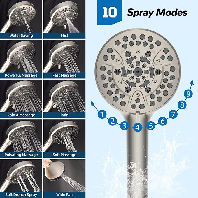 Hibbent 5-spray Dual Filtered Rainfall Shower Head Combo, High Pressure 13'' Showerhead with 10 Spray Mode Handheld, Easy Reach 4-way Diverter Arm with Pause Mode, 71'' Hose & Holder, Brushed Nickel