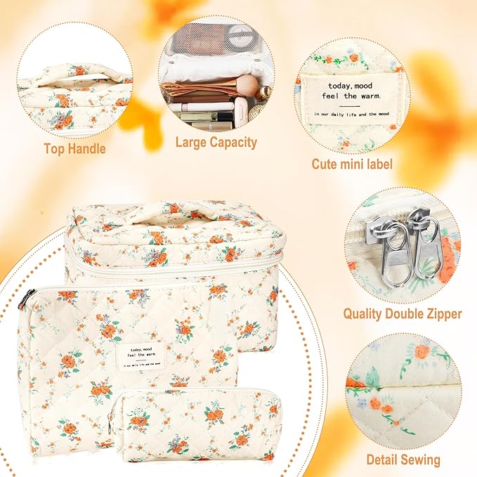URSKYTOUS 3Pcs Cotton Quilted Makeup Bag for Women Girls Large Small Travel Floral Cosmetic Bags Set Cute Coquette Zipper Makeup Pouch for Purse Aesthetic Cloth Flower Storage Toiletry Bag Organizer