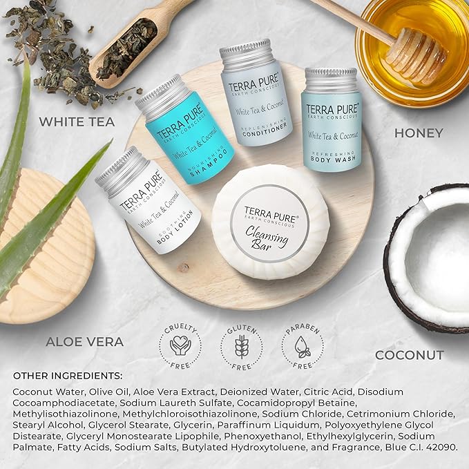 Terra Pure White Tea & Coconut Amenity Kit | Hotel Bulk Toiletries | 1 oz Shampoo, Conditioner, Lotion, Body Wash, Cleansing Bar for Guest Hospitality Vacation Rentals | 1 Set/Case