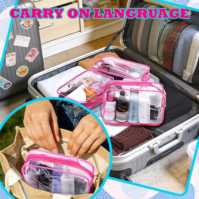 Eilyliafe 12PCS Clear Cosmetic Bag Transparent Makeup Bag for Women Men Waterproof Travel Makeup Clear Toiletry Organizer Cosmetic Storage Pouch Case with Zipper (Rose Red, Medium)