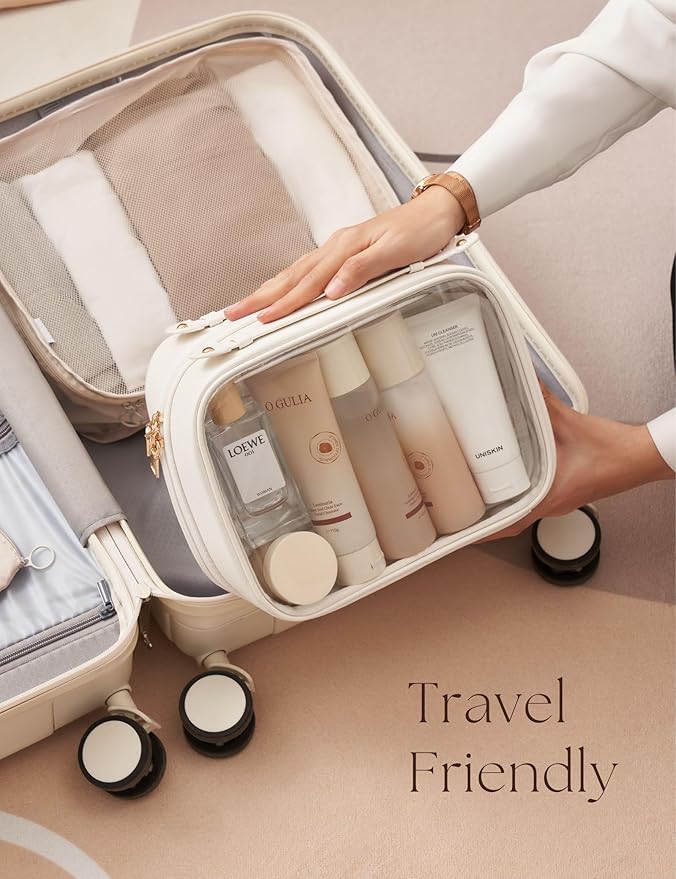Oaque Clear Cosmetic Bag Double Layer Travel Toiletry Bag Clear Makeup Bag Case with 4 Compartments, Transparent Travel Bag for Toiletries, Large Toiletry Bag for Women Cosmetic Case (White, Large)