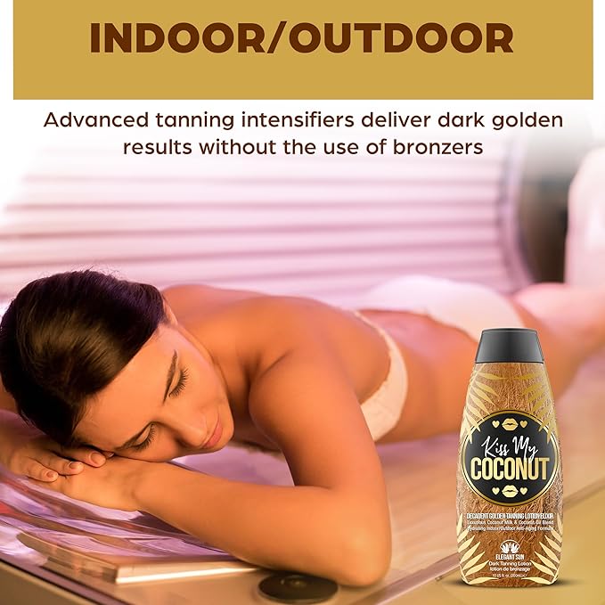 Kiss My Coconut - Tanning Bed Lotion, Skin Softening Golden Tan Intensifier with Coconut Milk & Cocoa Butter, No Bronzer, Unisex Hydrating Indoor/Outdoor Accelerator by Elegant Sun