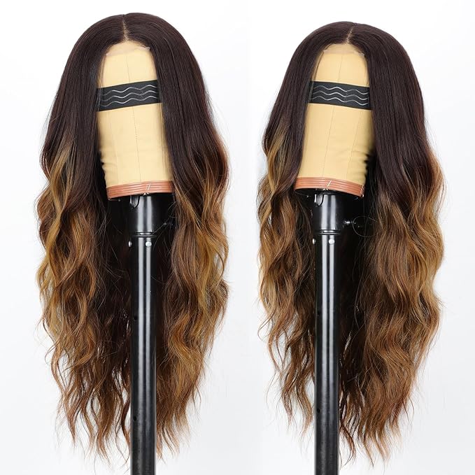 AISI HAIR Long Wavy Brown with Blonde Highlight Lace Hairline Wigs for Women, Middle Part Synthetic Heat Resistant Wig for Daily Party-26 Inch