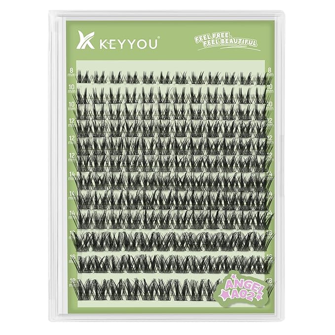 KEYYOU LASH clusters 144Pcs D Curl Angel Eyelash Extension Thick Wispy Natural Band Lash with Waterproof DIY Lash Extension at Home（Angel A02-D-8-18MIX）