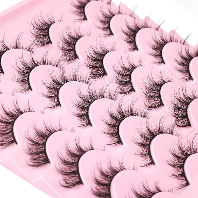 False Lashes Natural Look Wispy Eyelashes Manga Korean Spiky 16mm Short Faux Mink Eyelashes Cat Eye Natural Fake Eyelashes Strip Lashes Pack 14 Pairs
