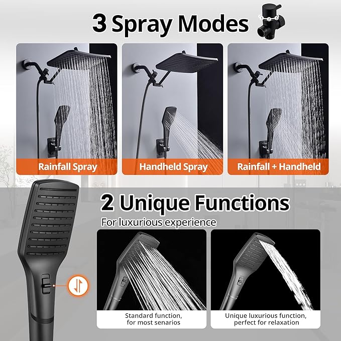 XXL 12.2" Rain Shower Head with Handheld Spray Combo, High Pressure Rainfall Shower Head, Height Adjustable Dual Shower Head, Luxury Waterfall Showerhead Bathroom