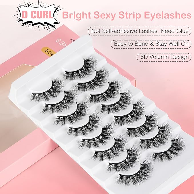 False Eyelashes Manga Anime Lashes, Wispy Volume Fake Lashes, Invisible Band for Cosplay, 8 Pairs Faux Mink Natural Look Spiky Eyelash Strips 17MM (Bright Sexy)