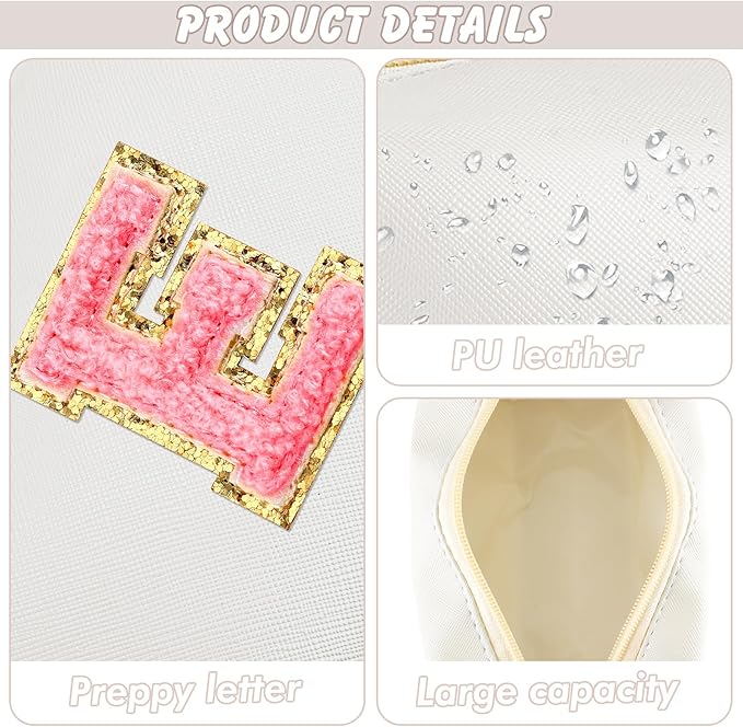 URSKYTOUS Initial Makeup Bag Personalized Preppy Travel Small Cosmetic Bag Cute PU White Chenille Letter Makeup Pouch for Purse Waterproof Zippered Toiletry Organizer for Women Girls Kids Friends (E)