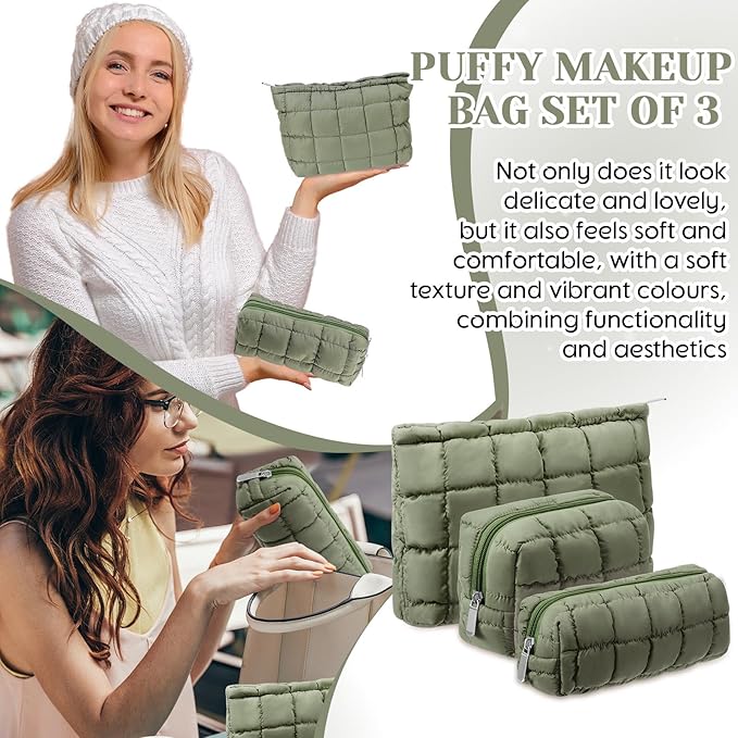 Huhumy 3 Pcs Puffy Makeup Bag Quilted Cosmetic Pouch for Women Cute Checkered Travel Toiletry Bag Puffer Makeup Organizer Purse Pouch Preppy Pencil Case with Zipper(Green)