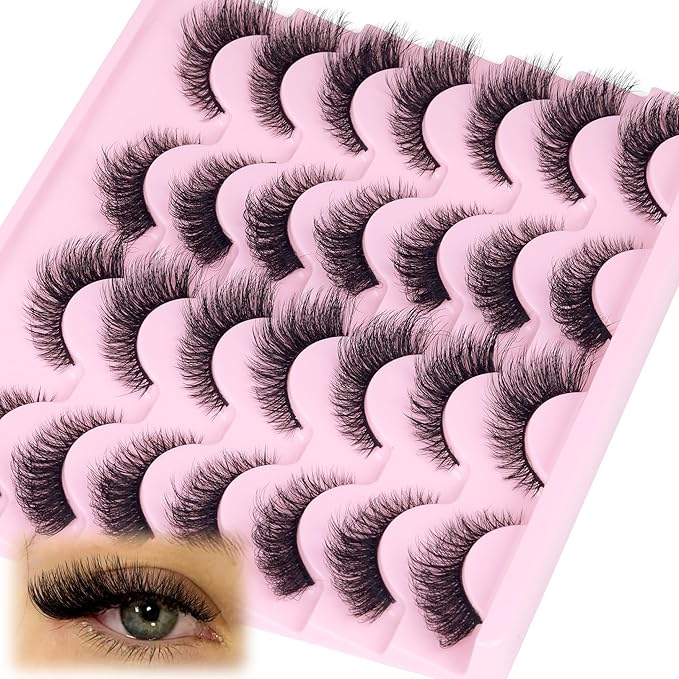 Cat Eye Lashes Wispy False Eyelashes Natural Look Strip Fake Eyelashes 14 Pairs Fluffy Volume Faux Mink Lashes that Look Like Extensions Short Lashes